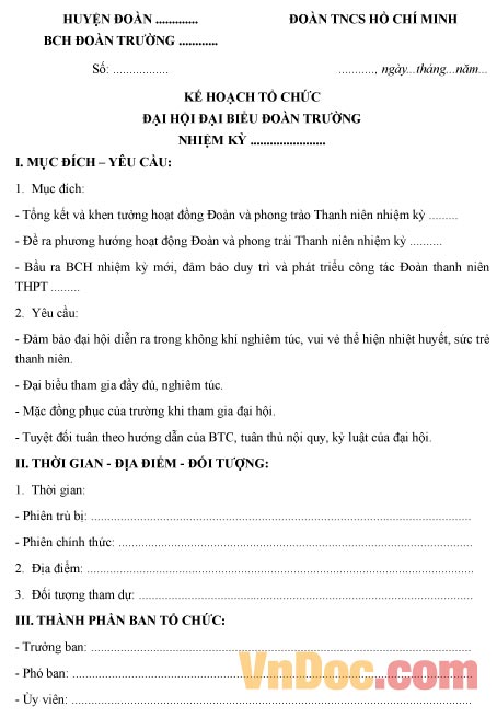 Mẫu kế hoạch tổ chức đại hội đại biểu đoàn trường THPT
