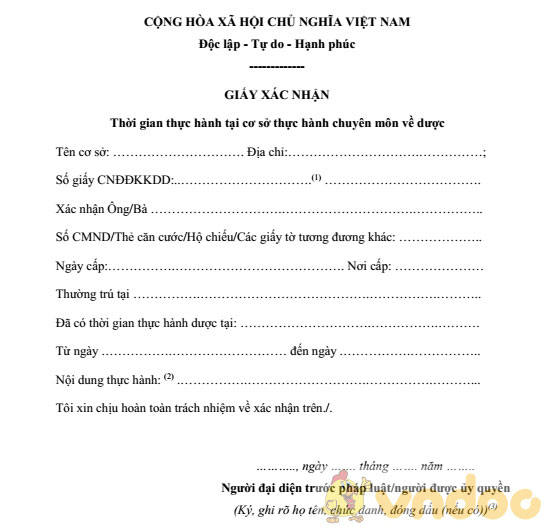 Mẫu giấy xác nhận thời gian thực hành tại cơ sở dược