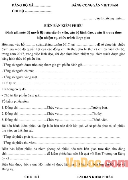 Mẫu biên bản kiểm phiếu đánh giá mức độ quyết liệt của cấp ủy viên, cán bộ lãnh đạo, quản lý trong thực hiện nhiệm vụ, chức trách được giao