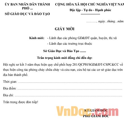 Mẫu giấy mời tham dự hội nghị sơ kết 3 năm công tác phòng cháy chữa cháy