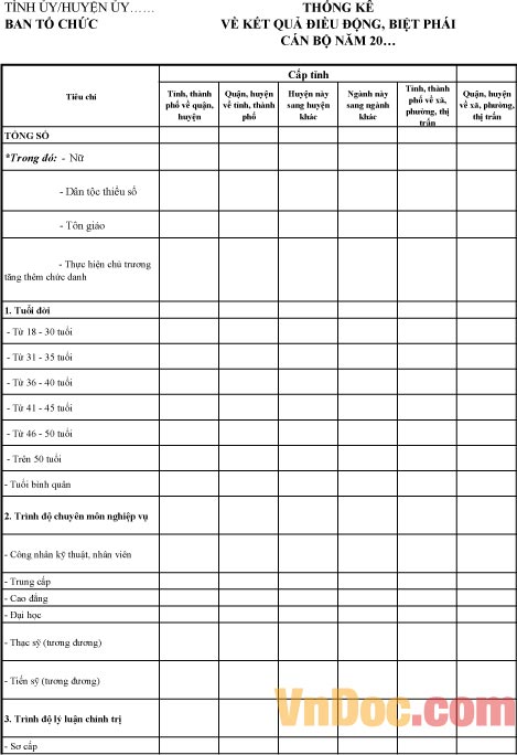 Biểu số 13-BTCTW: Thống kê kết quả điều động, biệt phái cán bộ