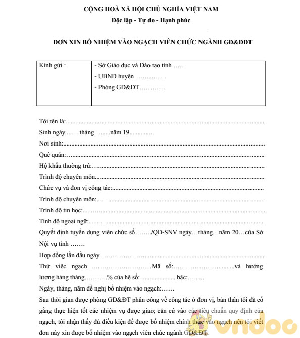 Đơn xin bổ nhiệm vào ngạch viên chức giáo dục