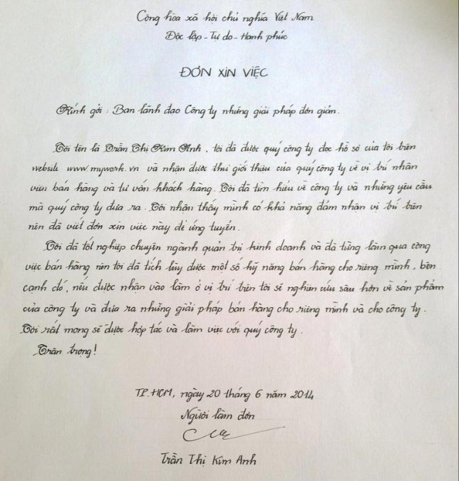 Mẫu đơn xin việc viết tay chuẩn nhất