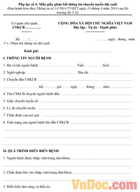 Mẫu giấy phản hồi thông tin chuyển viện đột xuất