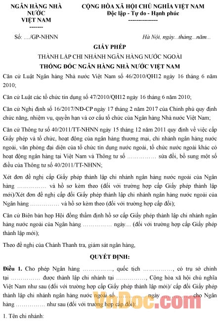 Mẫu giấy phép thành lập chi nhánh ngân hàng nước ngoài