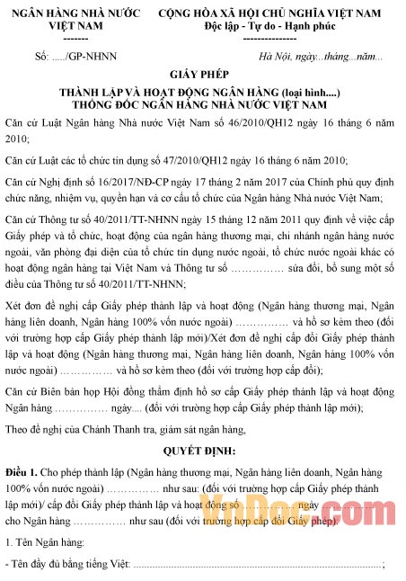 Mẫu giấy phép thành lập và hoạt động ngân hàng thương mại