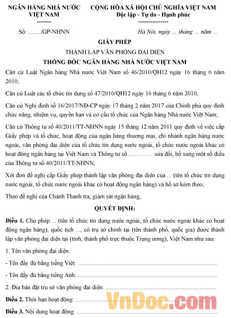 Mẫu giấy phép thành lập văn phòng đại diện ngân hàng thương mại