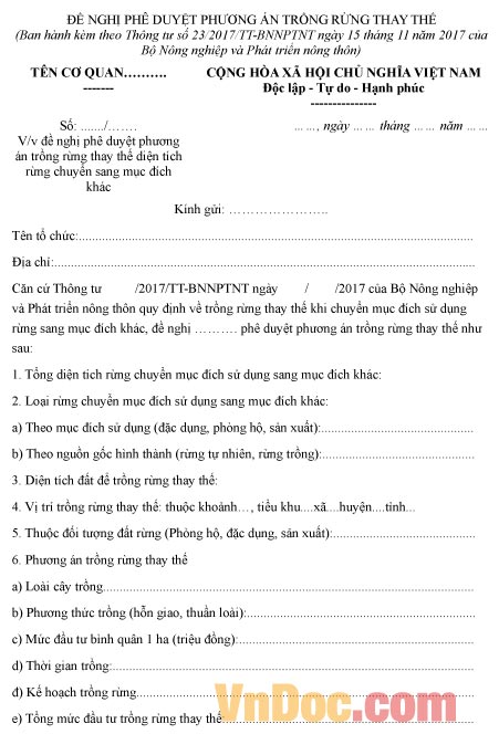 Mẫu đơn đề nghị phê duyệt phương án trồng rừng thay thế