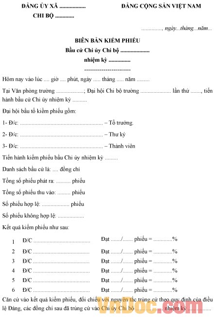 Mẫu biên bản kiểm phiếu bầu cử chi ủy