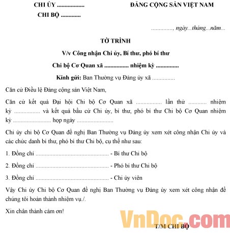 Mẫu tờ trình đề nghị công nhận chi ủy chi bộ