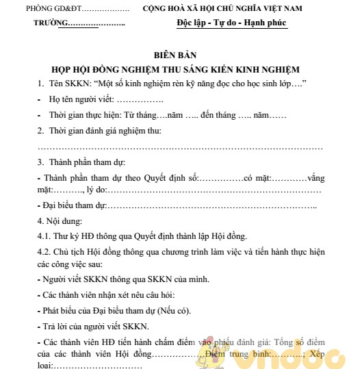 Mẫu biên bản xét duyệt sáng kiến kinh nghiệm