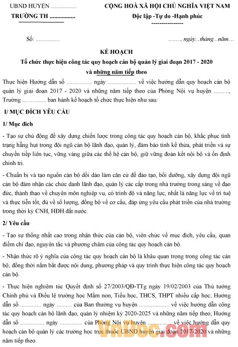 Kế hoạch tổ chức công tác quy hoạch cán bộ quản lý