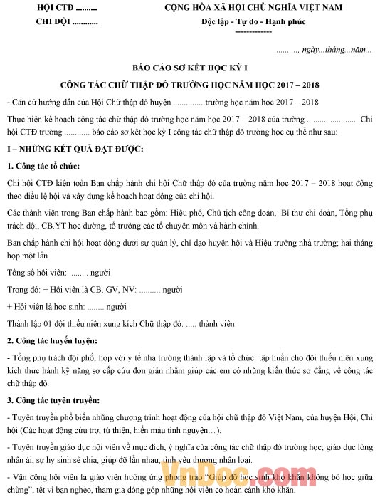 Báo cáo sơ kết học kỳ I công tác chữ thập đỏ trường học