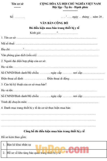 Văn bản công bố đủ điều kiện mua bán thiết bị y tế