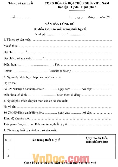 Văn bản công bố đủ điều kiện sản xuất thiết bị y tế