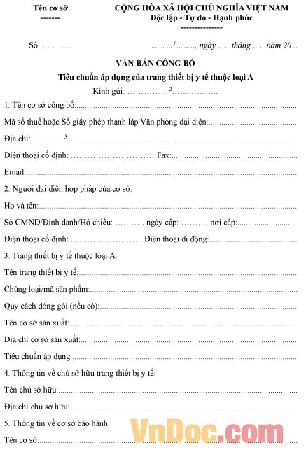 Văn bản công bố tiêu chuẩn áp dụng trang thiết bị y tế thuộc loại A