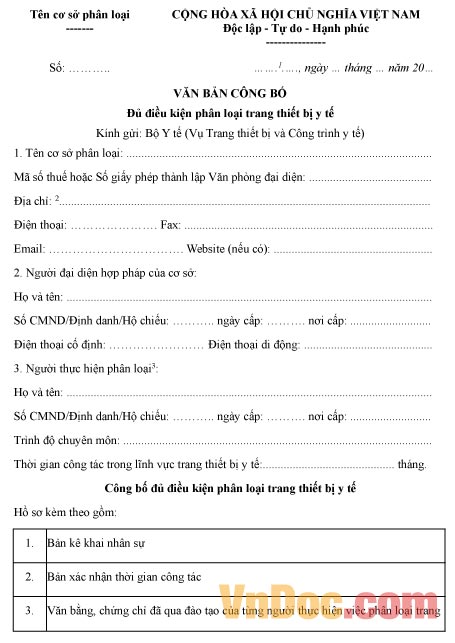 Văn bản công bố đủ điều kiện phân loại thiết bị y tế