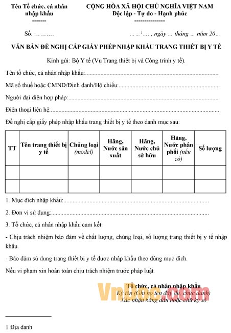 Mẫu đơn đề nghị cấp giấy phép nhập khẩu trang thiết bị y tế