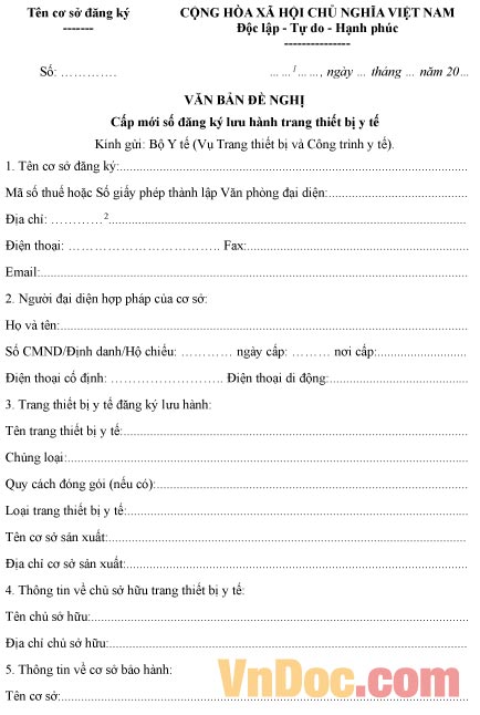 Văn bản đề nghị cấp mới số đăng ký lưu hành thiết bị y tế