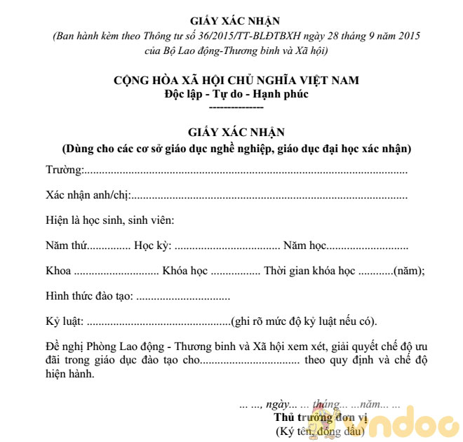 Mẫu giấy xác nhận ưu đãi trong giáo dục