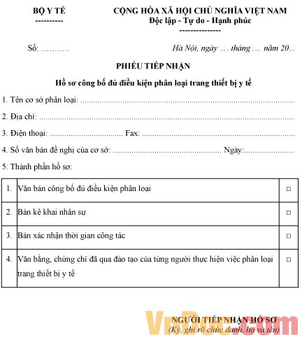 Phiếu tiếp nhận hồ sơ công bố đủ điều kiện phân loại trang thiết bị y tế