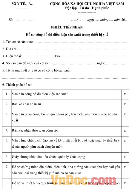 Phiếu tiếp nhận hồ sơ công bố đủ điều kiện sản xuất trang thiết bị y tế