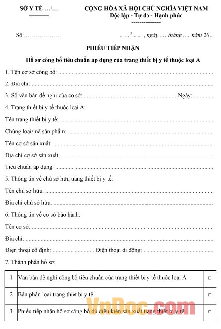 Phiếu tiếp nhận hồ sơ công bố tiêu chuẩn áp dụng của trang thiết bị y tế loại A