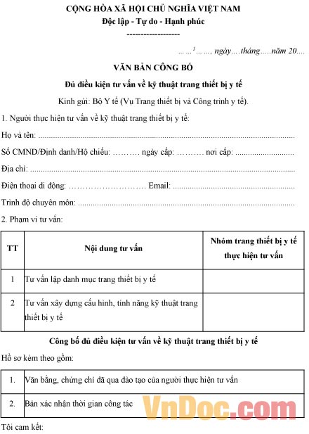 Văn bản công bố đủ điều kiện tư vấn về kỹ thuật trang thiết bị y tế