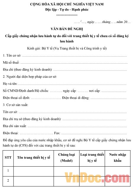 Mẫu đơn đề nghị cấp GCN lưu hành tự do đối với trang thiết bị y tế chưa có sổ đăng ký lưu hành