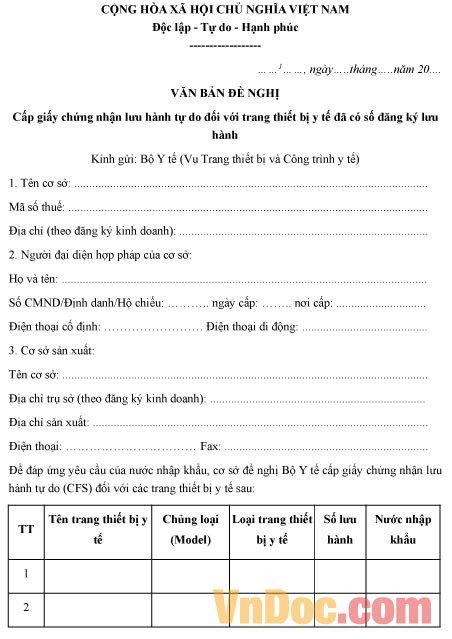 Mẫu đơn đề nghị cấp GCN lưu hành tự do đối với trang thiết bị y tế đã có sổ đăng ký lưu hành