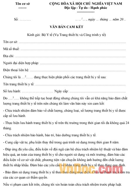Bản cam kết bảo hành, bảo dưỡng việc sử dụng trang thiết bị y tế