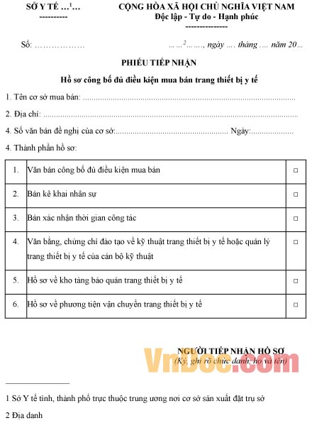 Phiếu tiếp nhận hồ sơ công bố đủ điều kiện mua bán trang thiết bị y tế