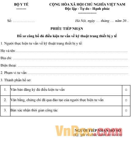 Phiếu tiếp nhận hồ sơ công bố đủ điều kiện tư vấn về kỹ thuật trang thiết bị y tế