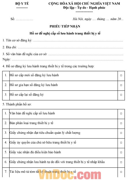 Phiếu tiếp nhận hồ sơ đề nghị cấp số lưu hành trang thiết bị y tế