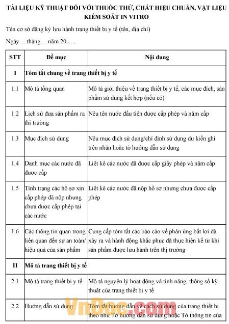 Bảng tài liệu kỹ thuật đối với thuốc thử, chất hiệu chuẩn, vật liệu kiểm soát in vitro