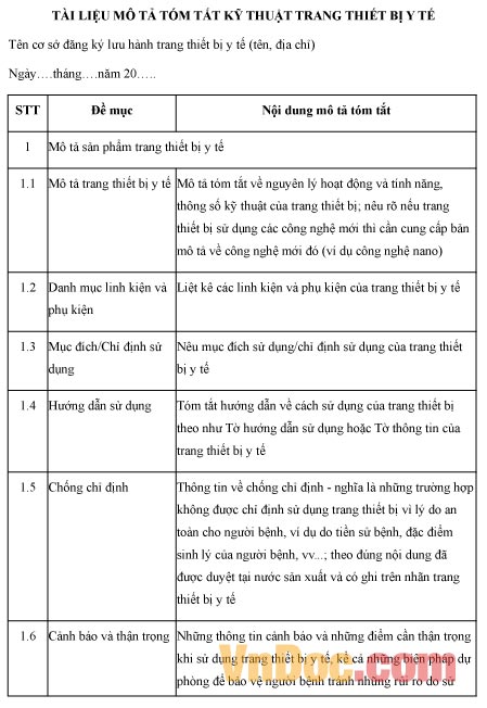 Bảng tài liệu mô tả kỹ thuật trang thiết bị y tế