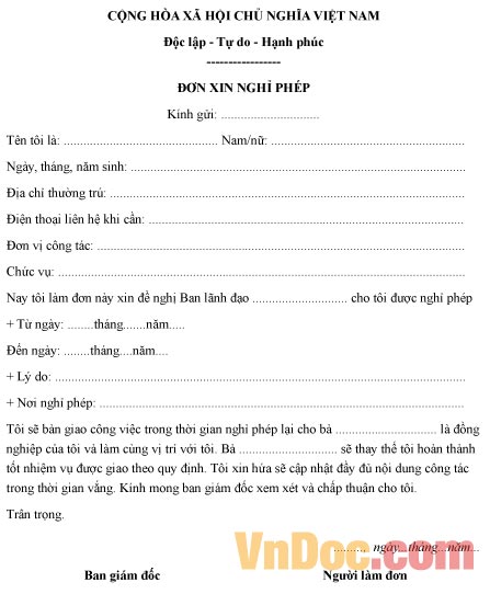Đơn xin nghỉ phép của cán bộ công chức viên chức
