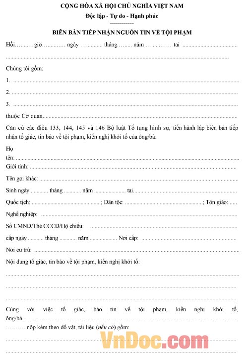 Mẫu biên bản tiếp nhận nguồn tin tội phạm