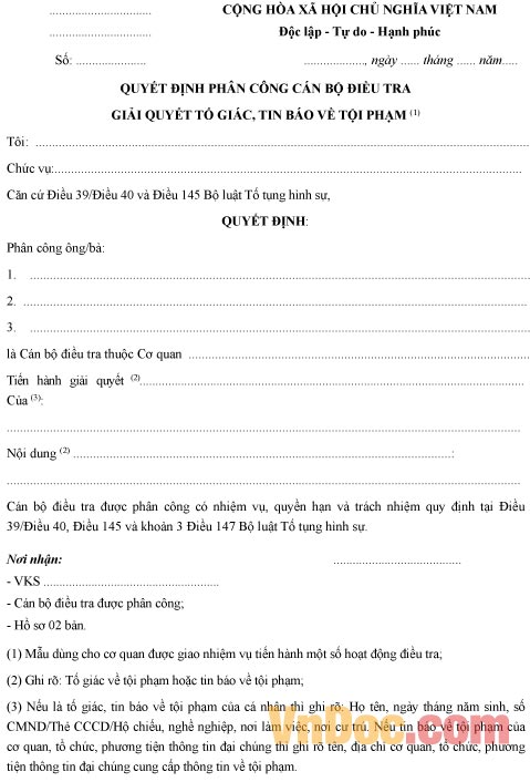 Quyết định phân công cán bộ điều tra giải quyết tố giác, tin báo về tội phạm