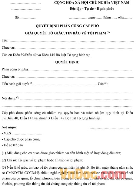 Quyết định phân công cấp phó giải quyết tố giác, tin báo về tội phạm