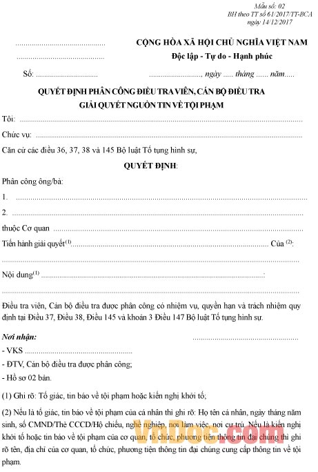 Mẫu quyết định phân công điều tra viên, cán bộ điều tra giải quyết nguồn tin về tội phạm