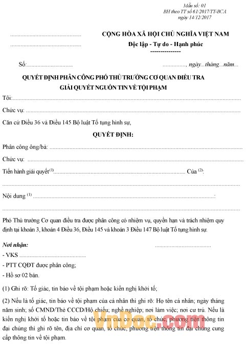 Mẫu quyết định phân công phó thủ trưởng cơ quan điều tra giải quyết nguồn tin về tội phạm