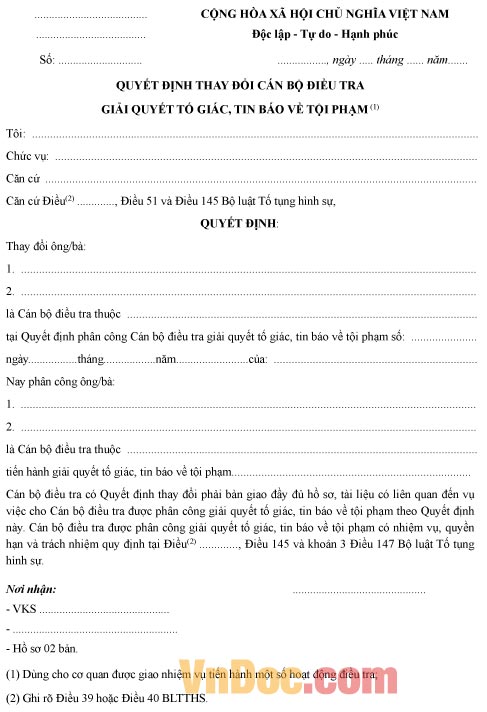 Quyết định thay đổi cán bộ điều tra giải quyết tố giác, tin báo về tội phạm