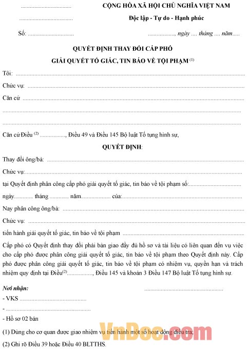 Quyết định thay đổi cấp phó giải quyết tố giác, tin báo về tội phạm