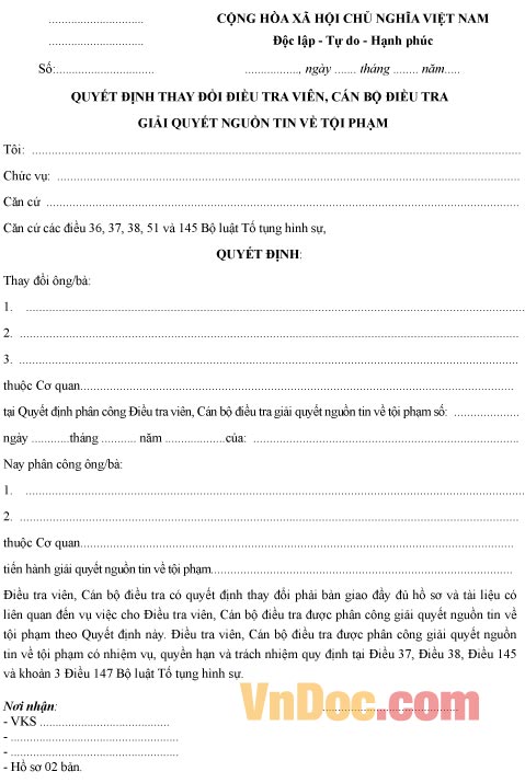 Mẫu quyết định thay đổi điều tra viên, cán bộ điều tra giải quyết nguồn tin về tội phạm