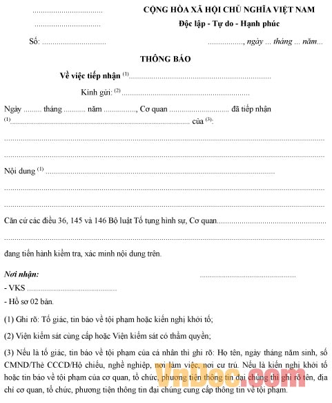 Mẫu thông báo về việc tiếp nhận nguồn tin về tội phạm