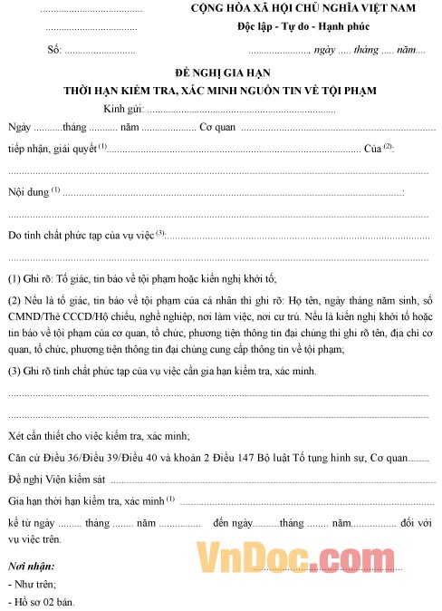 Mẫu đề nghị gia hạn thời hạn kiểm tra, xác minh nguồn tin tội phạm