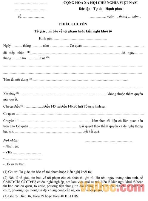 Mẫu phiếu chuyển tố giác, tin báo tội phạm hoặc kiến nghị khởi tố