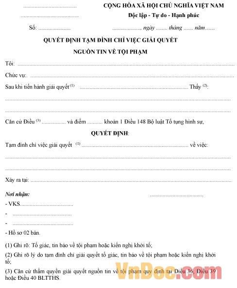 Mẫu quyết định tạm đình chỉ việc giải quyết nguồn tin về tội phạm