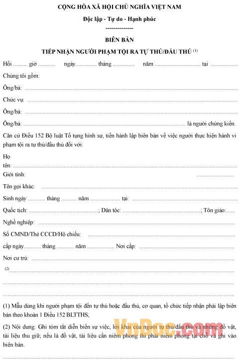 Mẫu biên bản tiếp nhận người phạm tội ra đầu thú